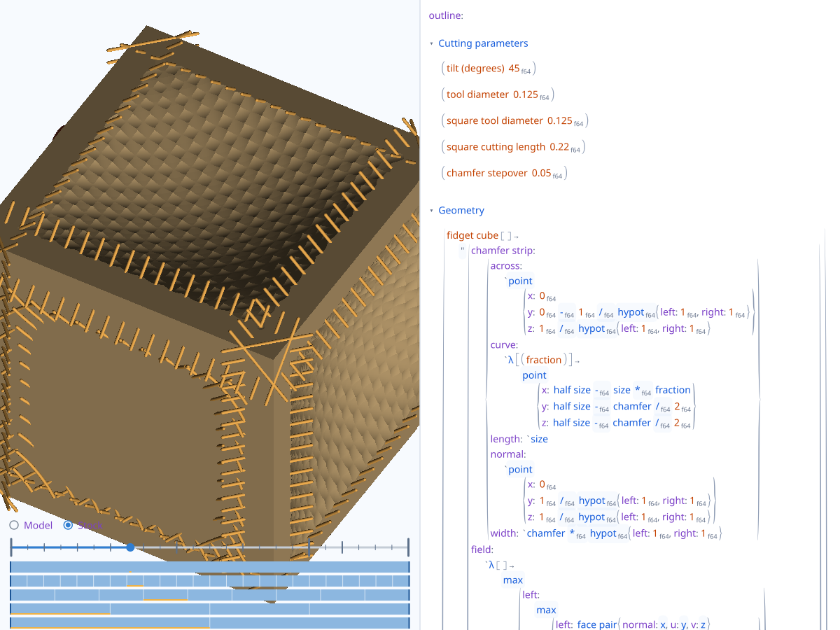 CAM playback beside its Grap program: a partially cut cube, upcoming toolpaths, and a playback slider.